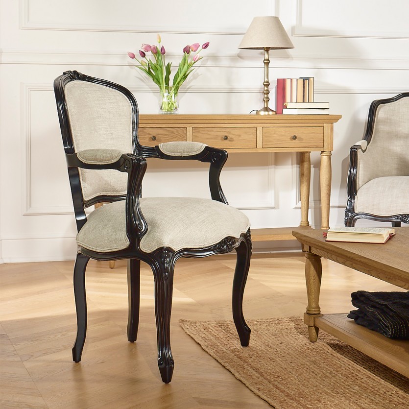 Fauteuil cabriolet LOUVRE NIGHT - Style Louis XV noir et blanc en bois massif et tissu lin, 1 place