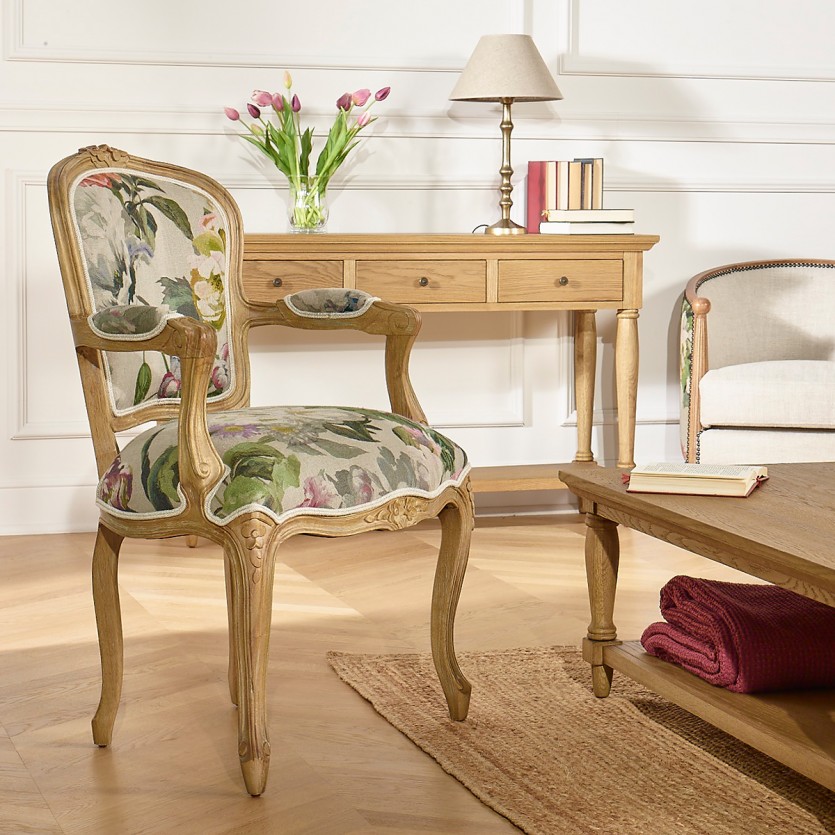Fauteuil cabriolet LOUVRE COUNTRY – Style romantique en bois massif et tissu lin, 1 place