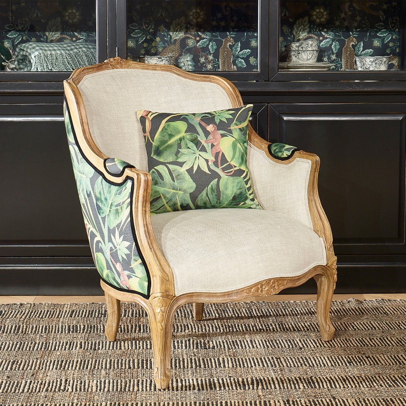 Fauteuil bergère VICTOR JUNGLE - Style romantique en bois, lin et tissu imprimé, 1 place