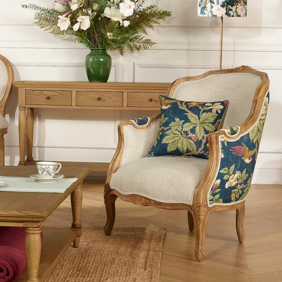 Fauteuil bergère VICTOR LOPHURA - Style shabby chic en bois massif et lin premium, 1 place