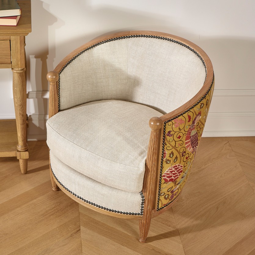 Fauteuil tonneau CAROLE ART DECO - Style shabby chic en chêne, lin coton et tissu moutarde, 1 place