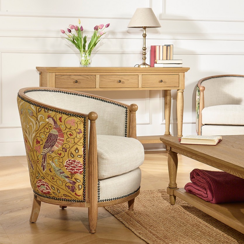 Fauteuil tonneau CAROLE ART DECO - Style shabby chic en chêne, lin coton et tissu moutarde, 1 place