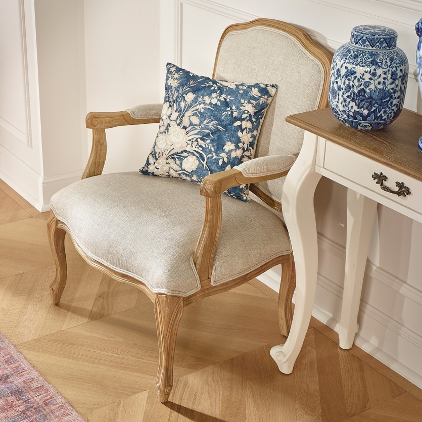 Fauteuil cabriolet INES – Style Louis XV en bois et tissu lin premium, 1 place