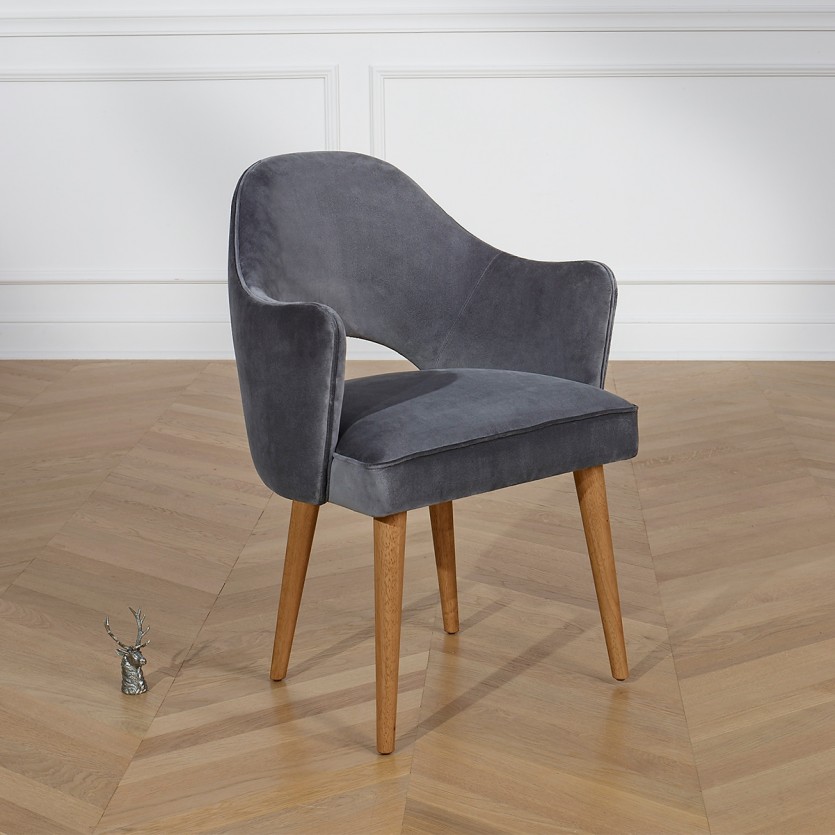 SAINT GERMAIN - Fauteuil de table style nordique en bois massif et tissu velours, 1 place