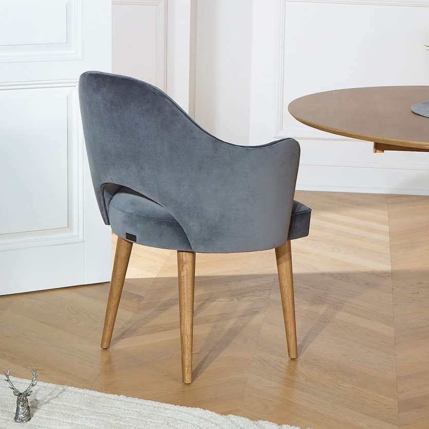 SAINT GERMAIN - Fauteuil de table style nordique en bois massif et tissu velours, 1 place