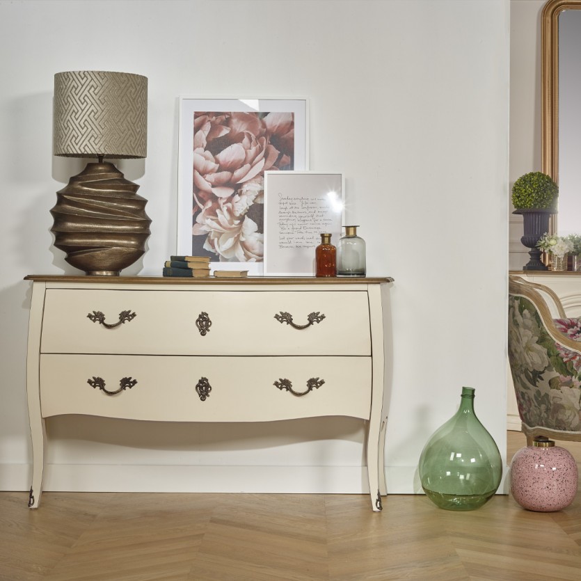 ALIENOR - Commode blanche style Louix XV, plateau en chêne, 2 tiroirs - bois certifié FSC®