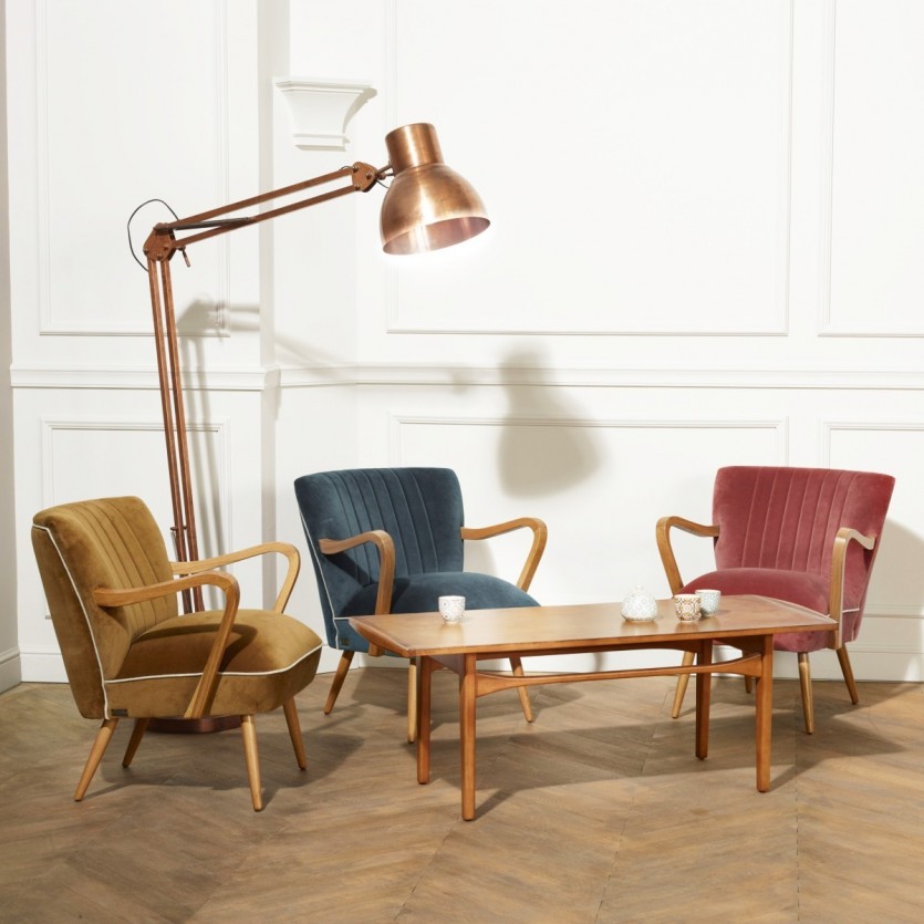 Fauteuil SIXTY - Style scandinave, en bois massif et tissu velours de coton, bois certifié FSC®, 1 place
