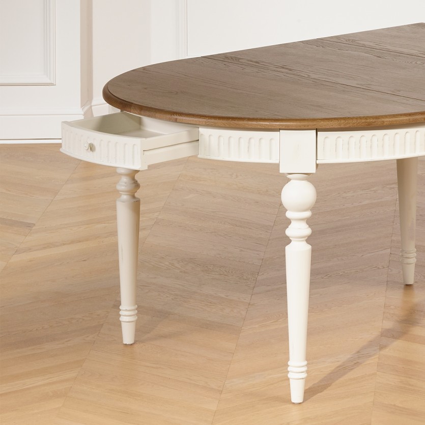Table à manger extensible AUDE - Style romantique en chêne, 6/14 couverts, bois certifié FSC®