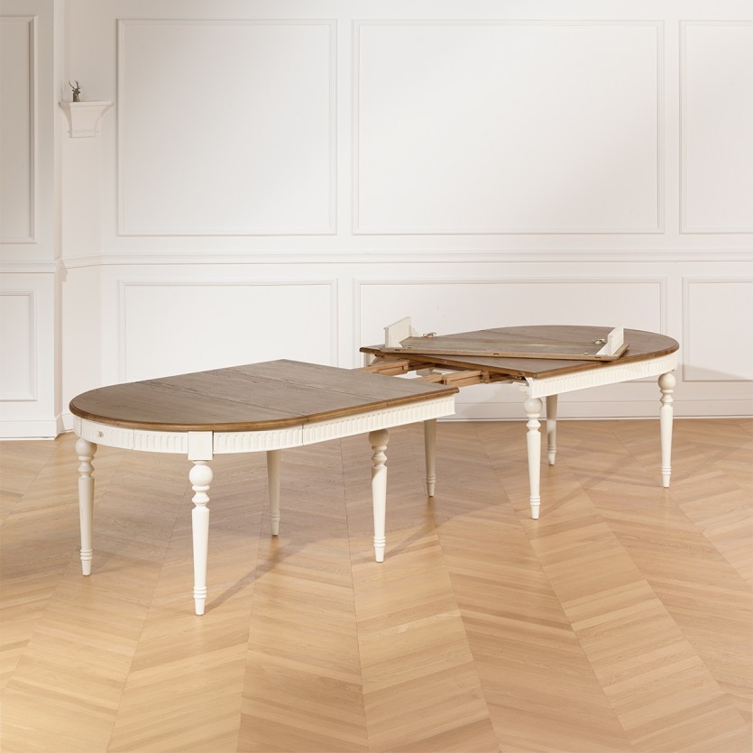 AUDE Extendable Dining Table - Shabby chic style in oak, white legs, 6/14 settings