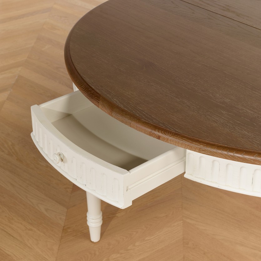 AUDE Extendable Dining Table - Shabby chic style in oak, white legs, 6/14 settings