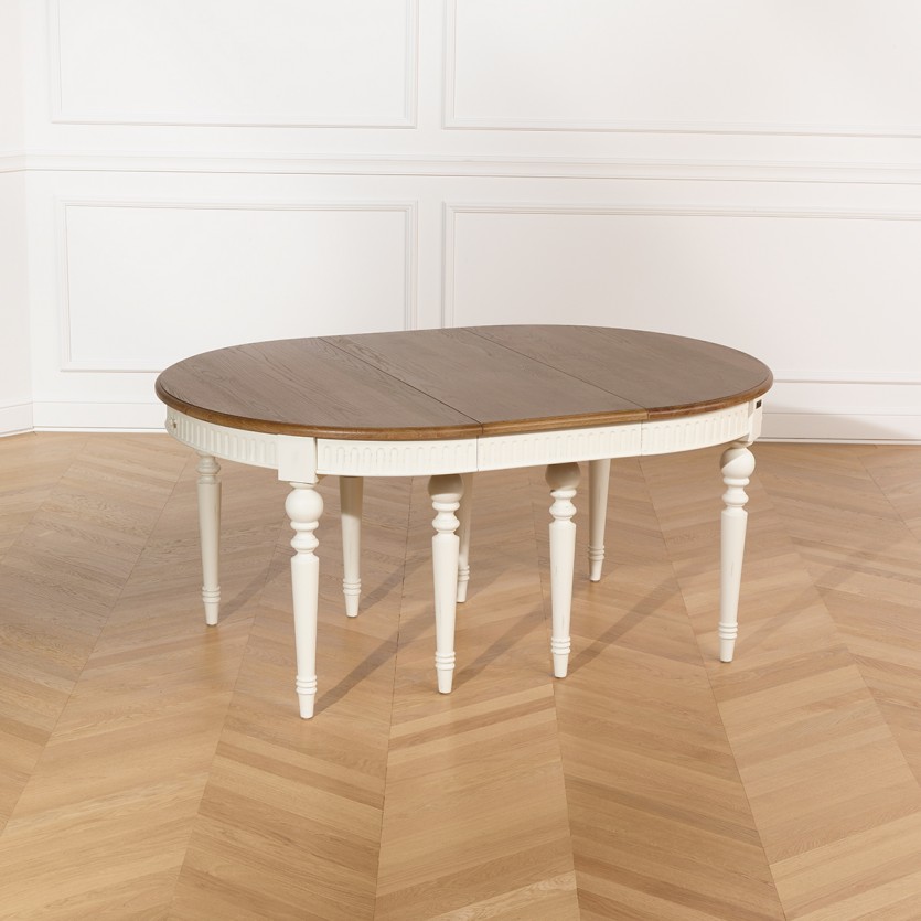 AUDE Extendable Dining Table - Shabby chic style in oak, white legs, 6/14 settings
