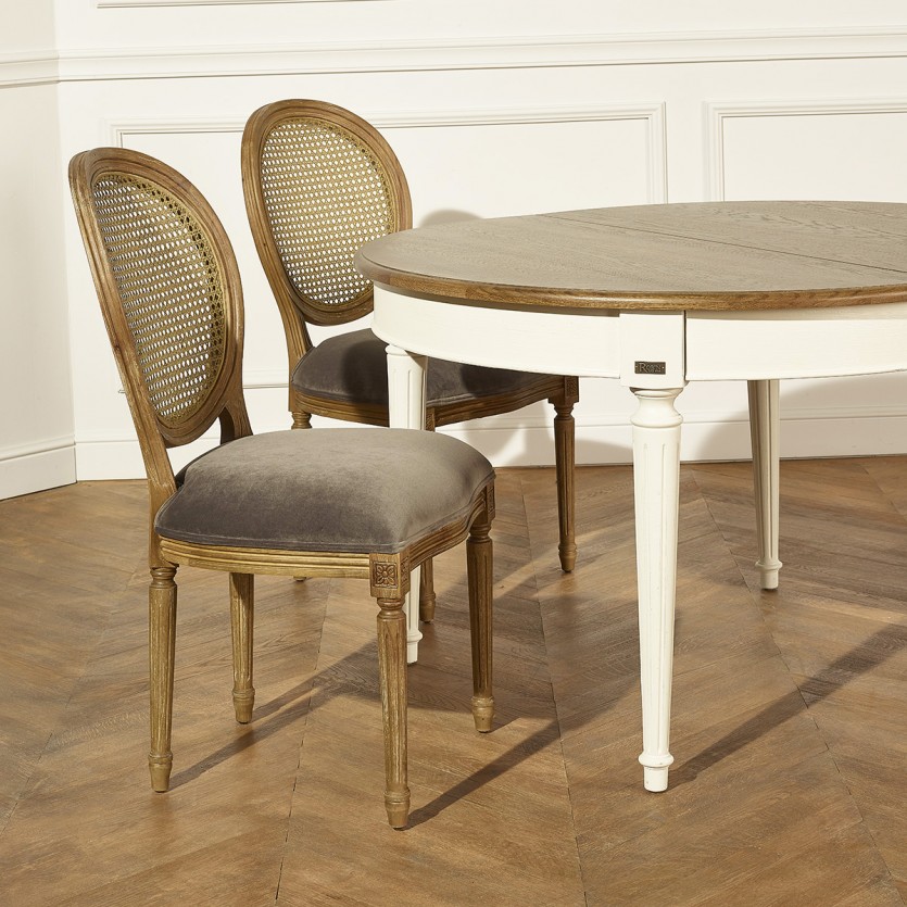 MEDAILLON - Lot de 2 chaises style Louis XV en bois massif et tissu velours gris souris, cannage, bois certifié FSC®