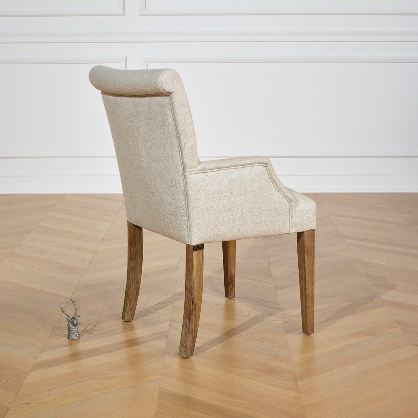 ALIX - Fauteuil de table avec accoudoirs style moderne en bois massif et tissu lin premium, 1 place