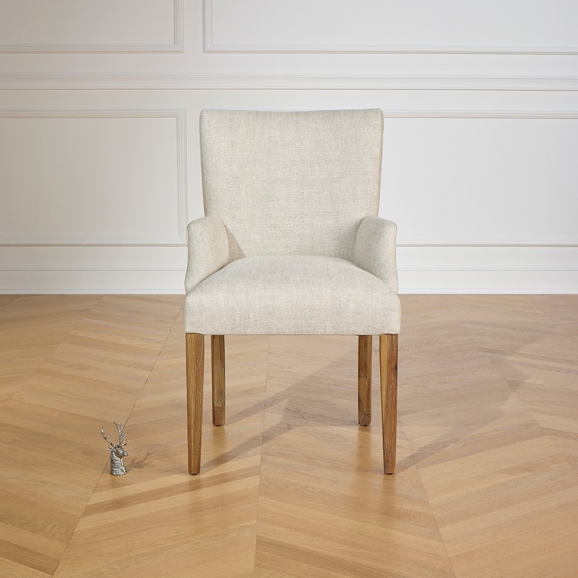 ALIX - Fauteuil de table avec accoudoirs style moderne en bois massif et tissu lin premium, 1 place