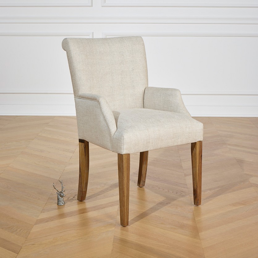 ALIX - Fauteuil de table avec accoudoirs style moderne en bois massif et tissu lin premium, 1 place