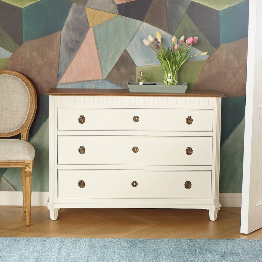 HORACE - Witte commode in shabby chic stijl, eiken blad, 3 lades