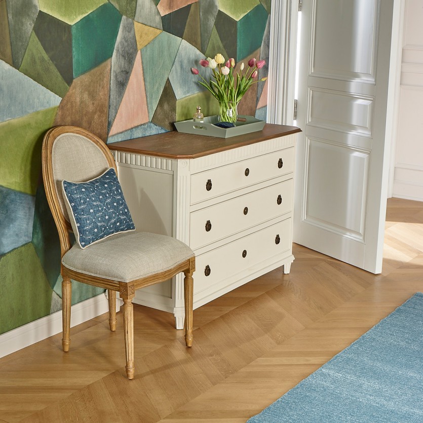 HORACE - Commode blanche style shabby chic, plateau chêne, 3 tiroirs