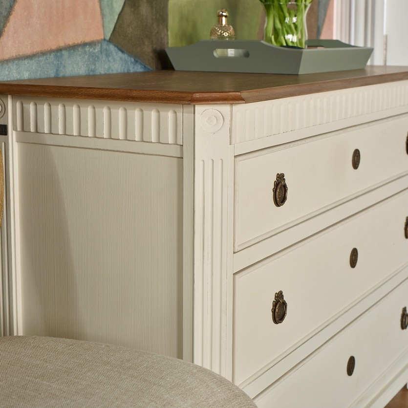 HORACE - Commode blanche style shabby chic, plateau chêne, 3 tiroirs