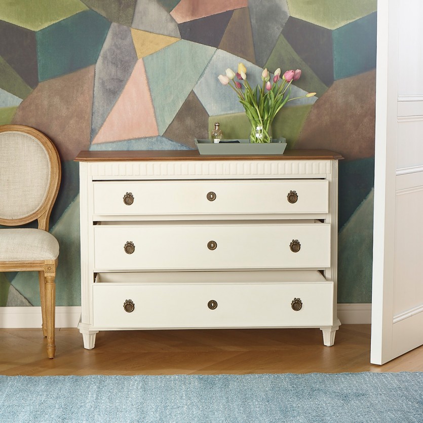 HORACE - Commode blanche style shabby chic, plateau chêne, 3 tiroirs