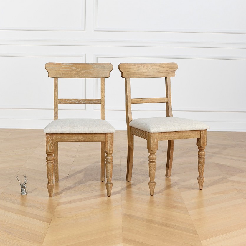 SARAH – Lot de 2 chaises de salle à manger style contemporain en bois massif et tissu lin premium, bois certifié FSC®
