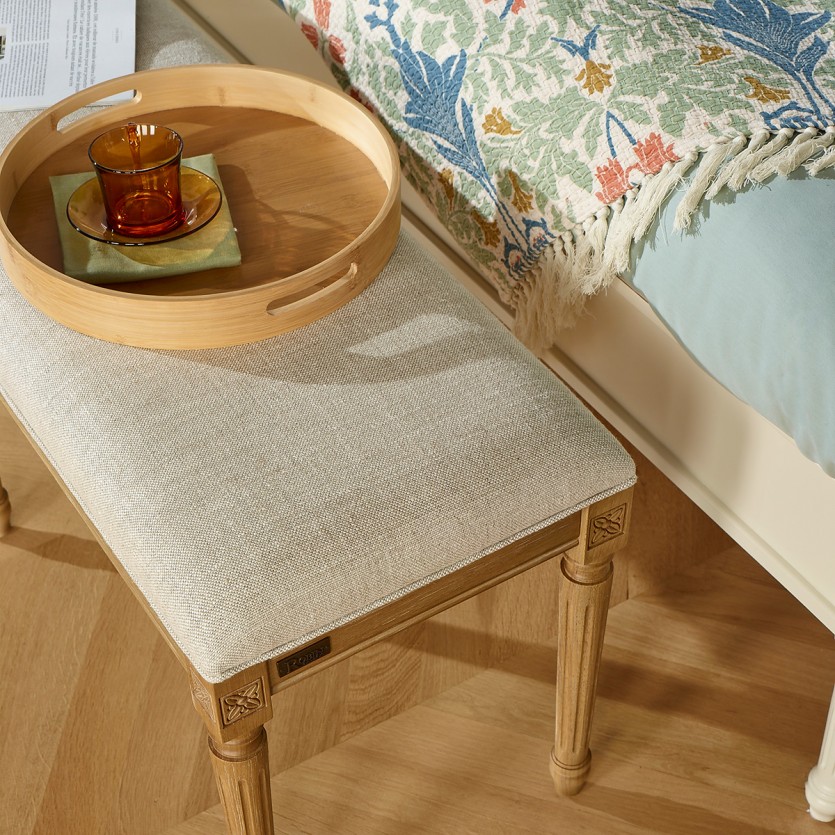 Banc salon STEPHEN – Style shabby chic en hévéa massif et tissu lin premium
