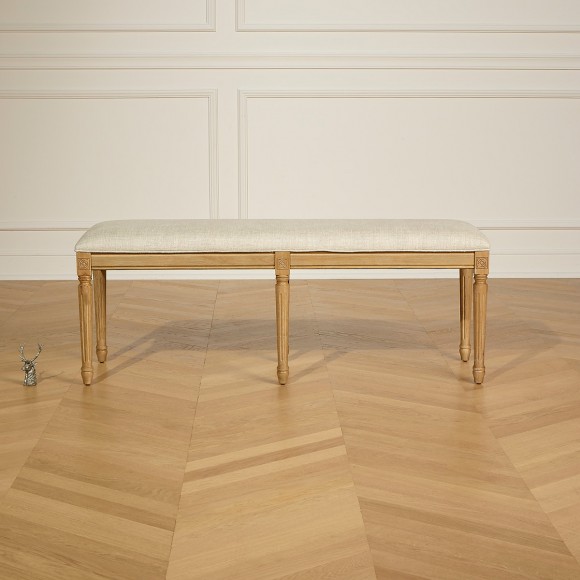 Banco de sala STEPHEN – Estilo shabby chic em hévea maciça e tecido de linho premium