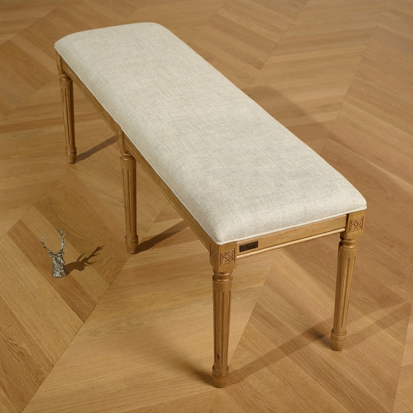 Banc salon STEPHEN – Style shabby chic en hévéa massif et tissu lin premium