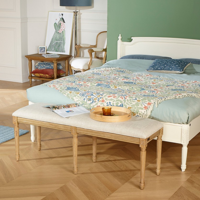 Banc salon STEPHEN – Style shabby chic en hévéa massif et tissu lin premium