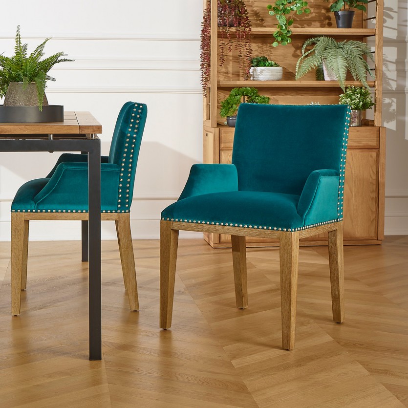 IANA- Fauteuil de table design en bois massif et tissu velours, bois certifié FSC®, 1 place
