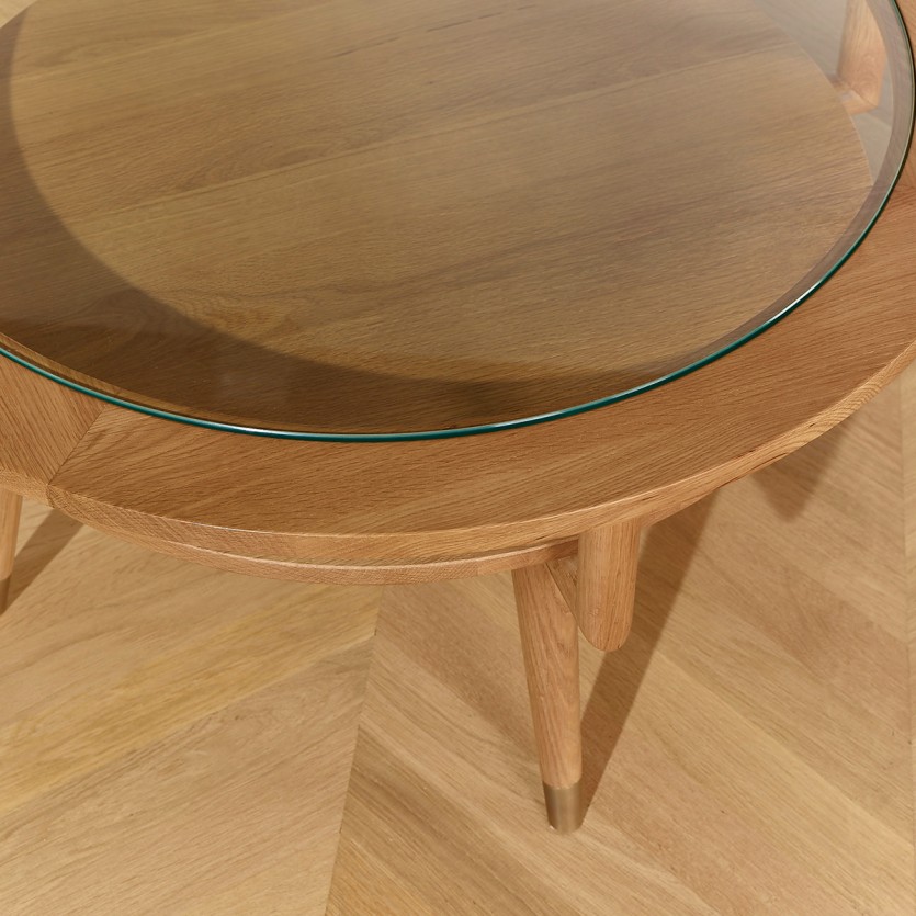 MANHATTAN – Table basse double plateau ronde, style scandinave en chêne et verre trempé, bois certifié FSC®