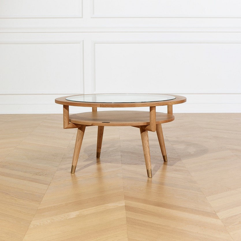 MANHATTAN – Table basse double plateau ronde, style scandinave en chêne et verre trempé, bois certifié FSC®