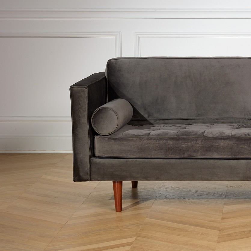 Canapé JONAS - Style scandinave en velours et bois, assise capitonnée, 3 places