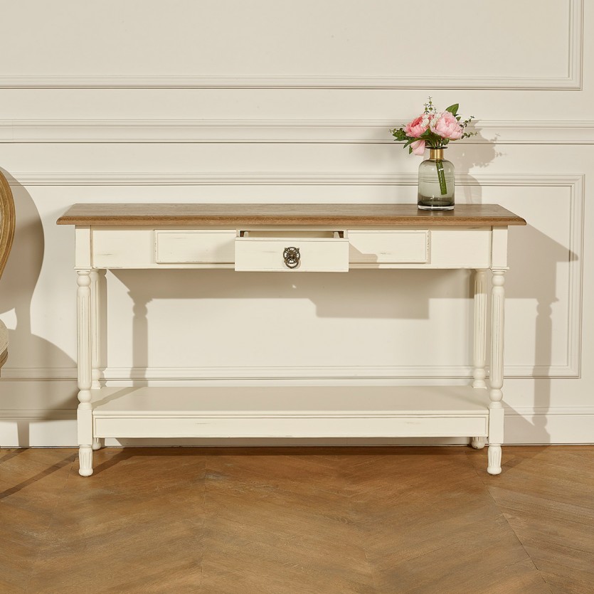 MARKUS - Consola estilo shabby chic con tablero de roble, acabado blanco o gris