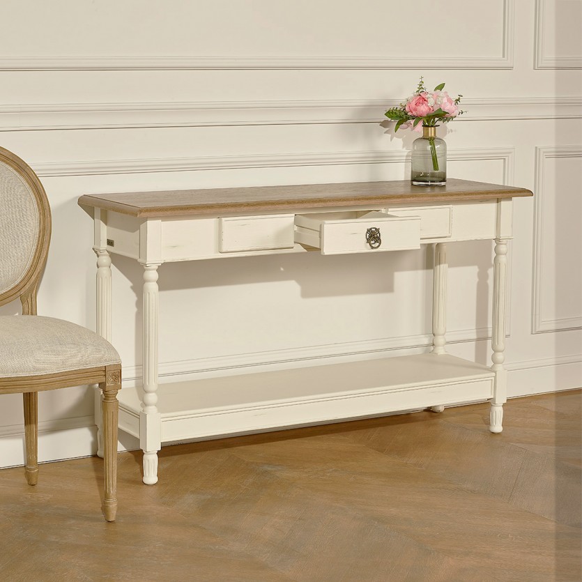 MARKUS - Console drapier style shabby chic avec plateau en chêne, patine blanche ou grise