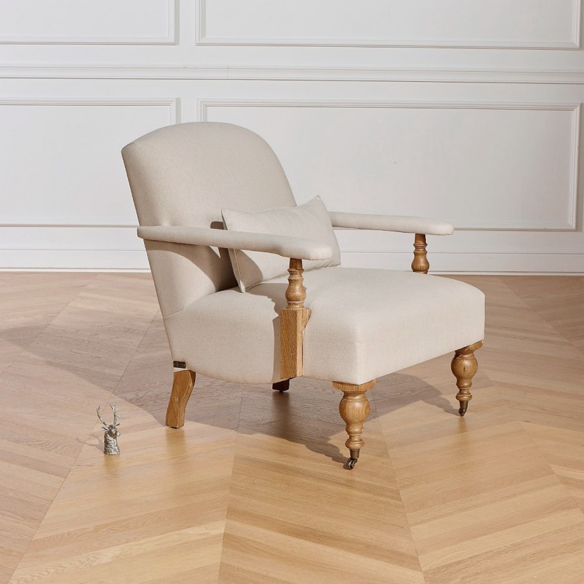 Fauteuil ANDREW - Style anglais en chêne et tissu lin coton, 1 place