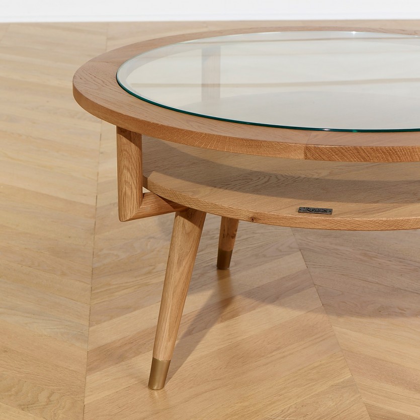 MANHATTAN – Table basse double plateau ronde, style scandinave en chêne et verre trempé, bois certifié FSC®