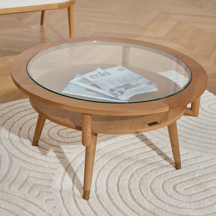 MANHATTAN – Table basse double plateau ronde, style scandinave en chêne et verre trempé, bois certifié FSC®
