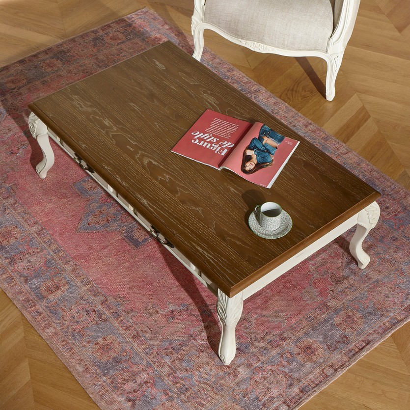 MARIANNE - Table basse style shabby chic, plateau en chêne, 4 tiroirs, bois certifié FSC®