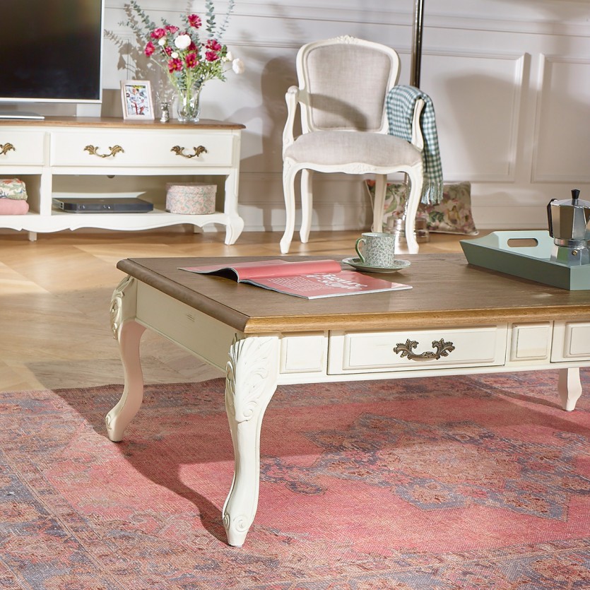 MARIANNE - Table basse style shabby chic, plateau en chêne, 4 tiroirs, bois certifié FSC®