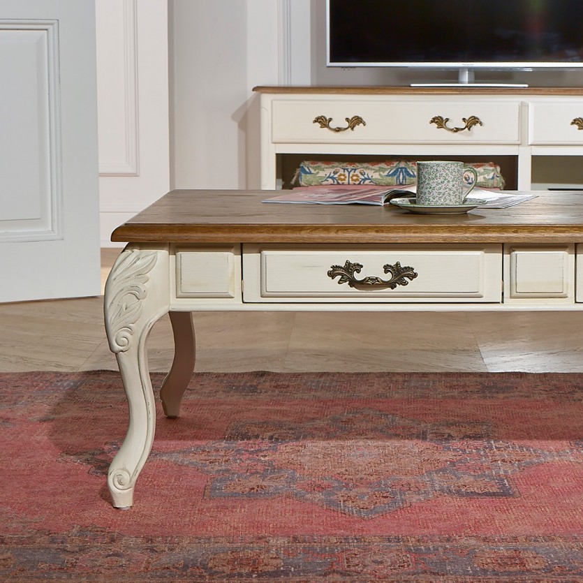 MARIANNE - Table basse style shabby chic, plateau en chêne, 4 tiroirs, bois certifié FSC®