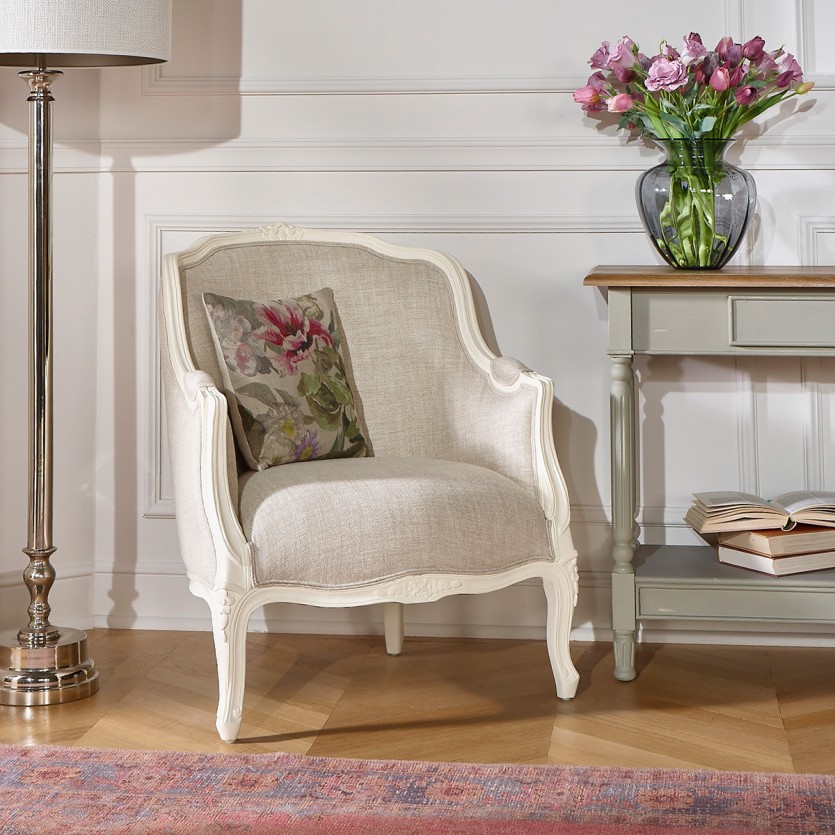 Fauteuil bergère VICTOR - Style romantique en bois et lin premium, 1 place