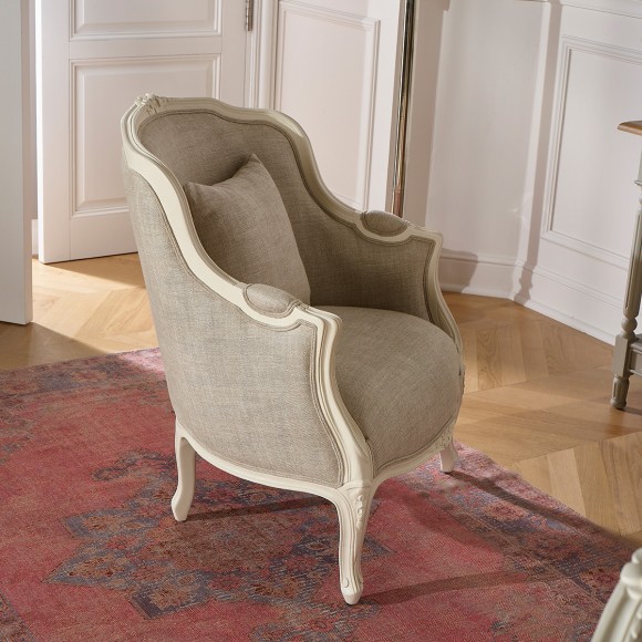 VICTOR - Poltrona bergère in stile romantico in legno e lino premium, 1 posto