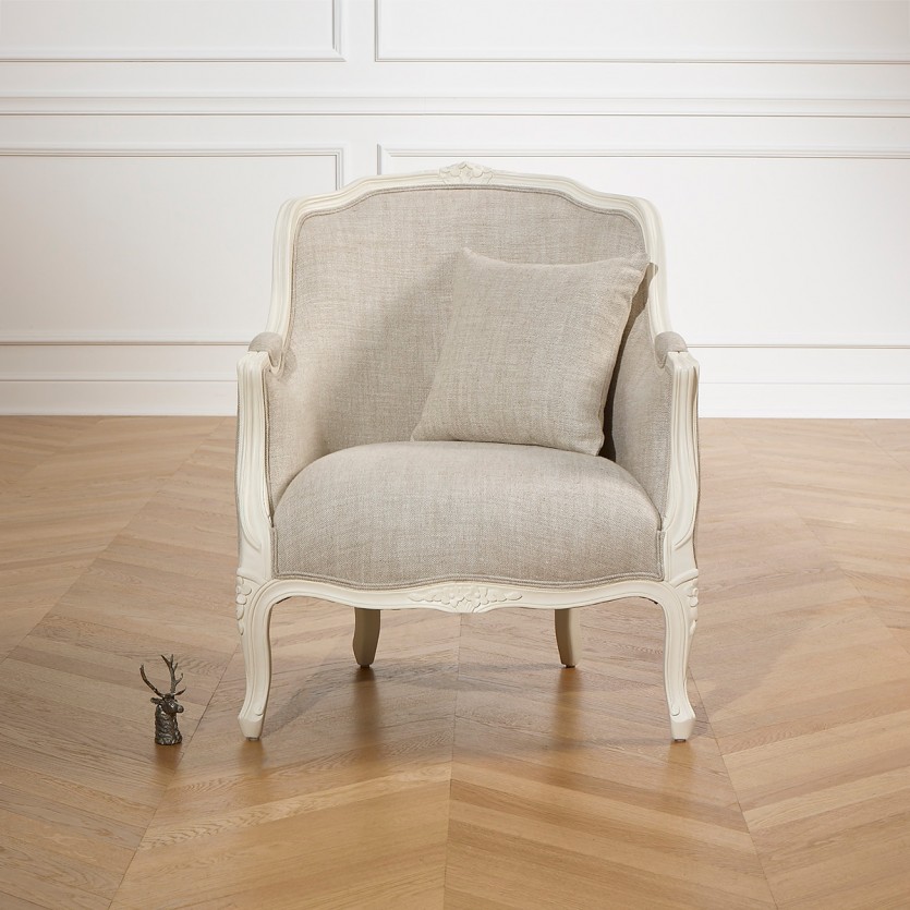 Fauteuil bergère VICTOR - Style romantique en bois et lin premium, 1 place