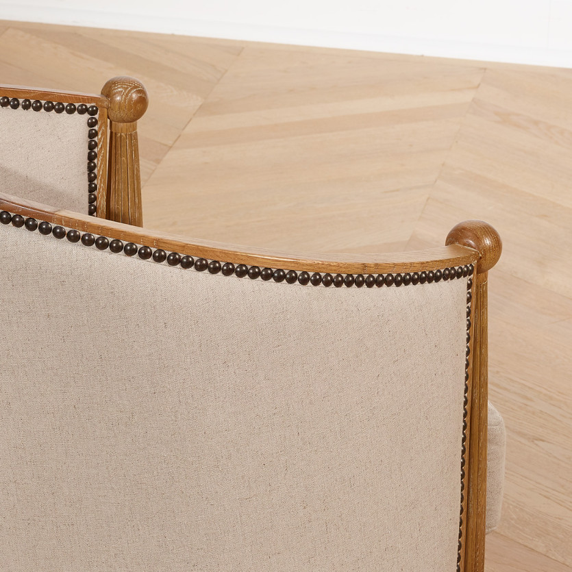 Fauteuil tonneau CAROLE - Style Art Déco en chêne et lin coton, 1 place