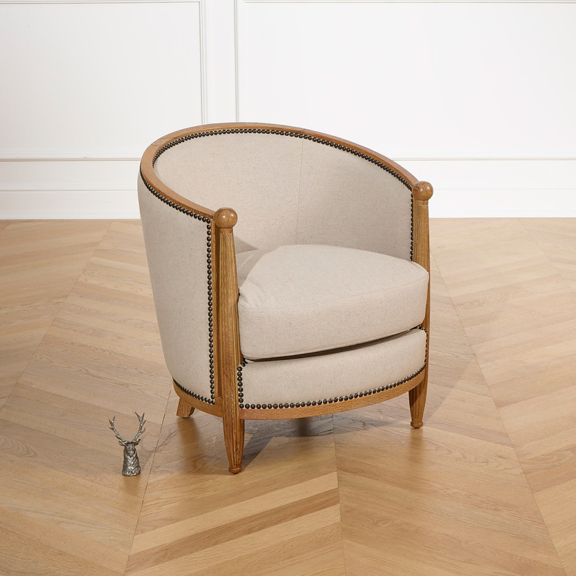 Poltrona CAROLE - Estilo Art Déco em carvalho e linho de algodão, 1 lugar