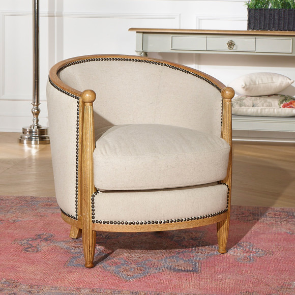 Tonnenstuhl CAROLE - Art-Déco-Stil aus Eiche und Baumwollleinen, 1 Sitzplatz