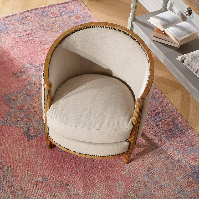 Fauteuil tonneau CAROLE - Style Art Déco en chêne et lin coton, 1 place