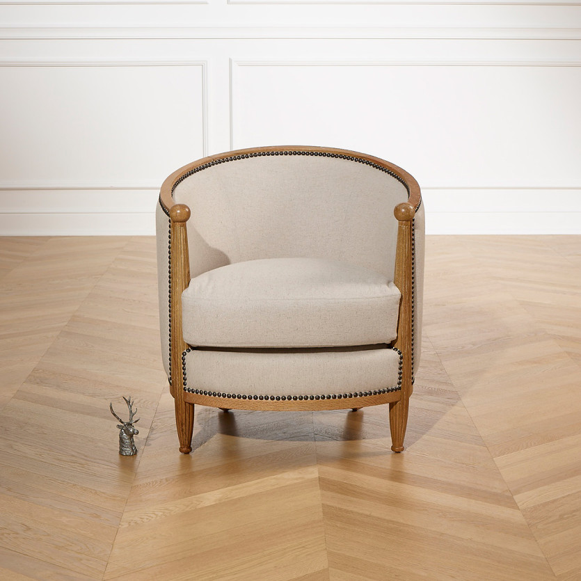 Poltrona a botte CAROLE - Stile Art Déco in rovere e lino cotone, 1 posto