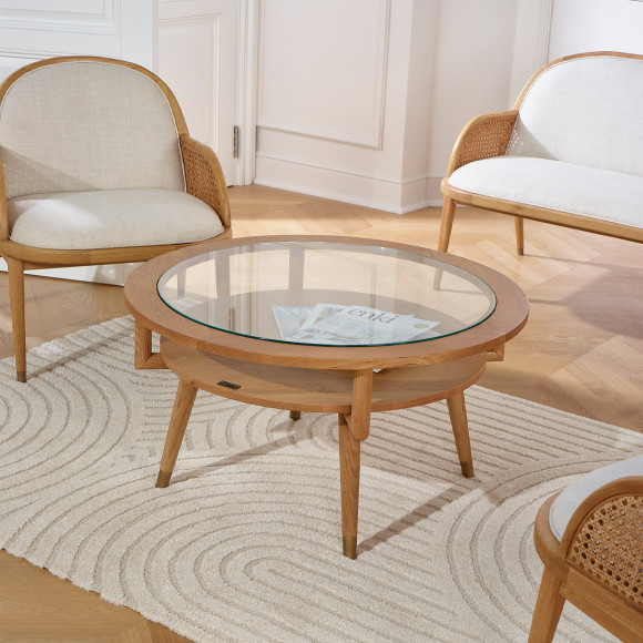 MANHATTAN – Table basse double plateau ronde, style scandinave en chêne et verre trempé, bois certifié FSC®