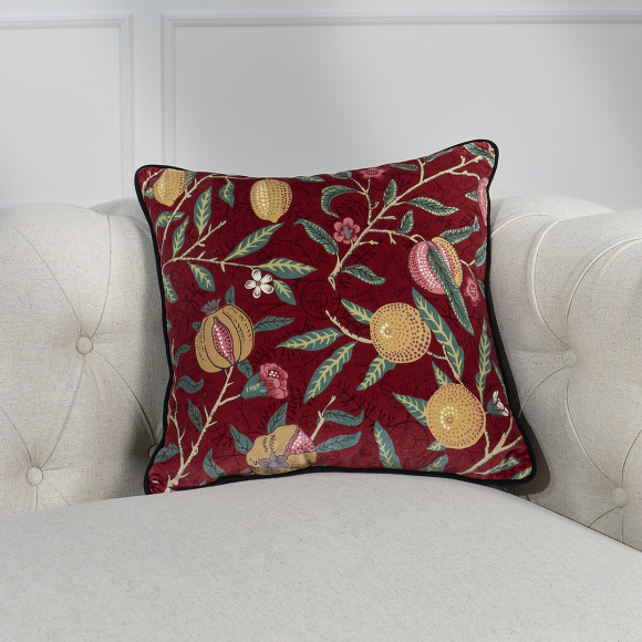 CREPUSCULE – Coussin décoratif style shabby chic en velours avec motifs fruits, 43 x 43 cm